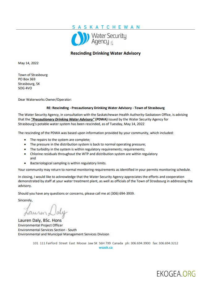 Canada Saskatchewan Strasbourg Water Security Agency water utility shut off notice